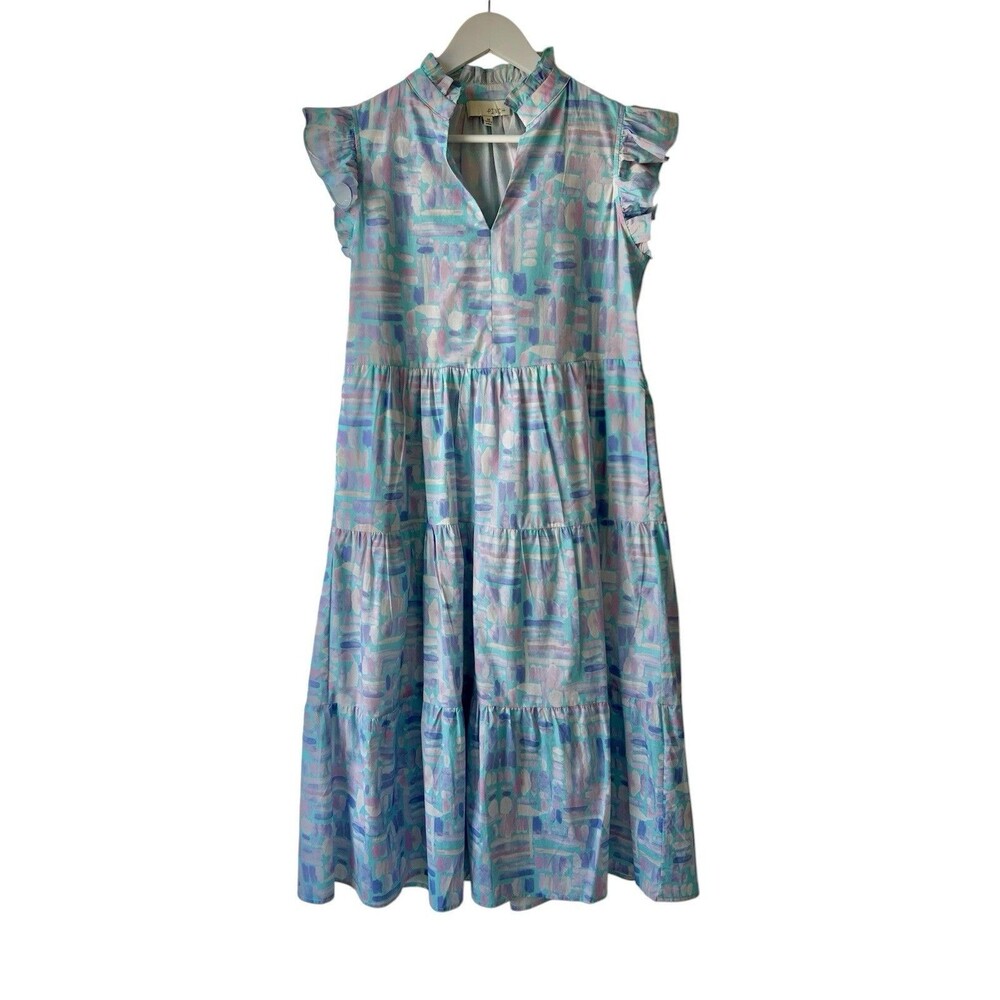 Pinch Blue Multi Geometric Print Ruffle Midi Dress Size M Cotton Pockets Boho